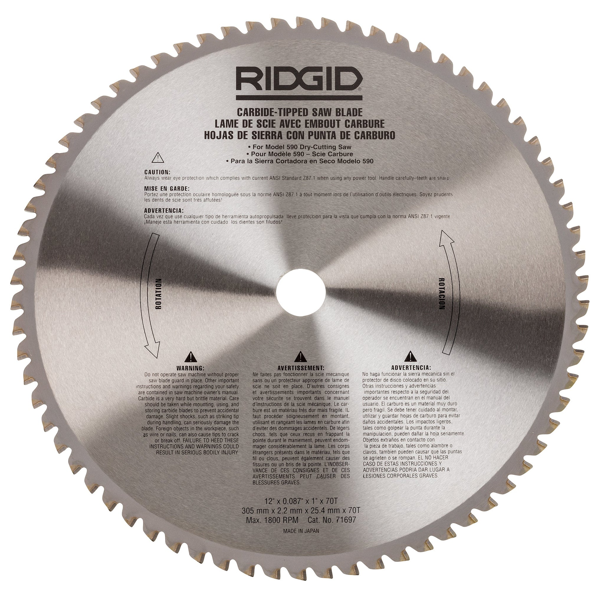 RIDGID 71697 BLADE, CARBIDE-TIPPED 12" 70T